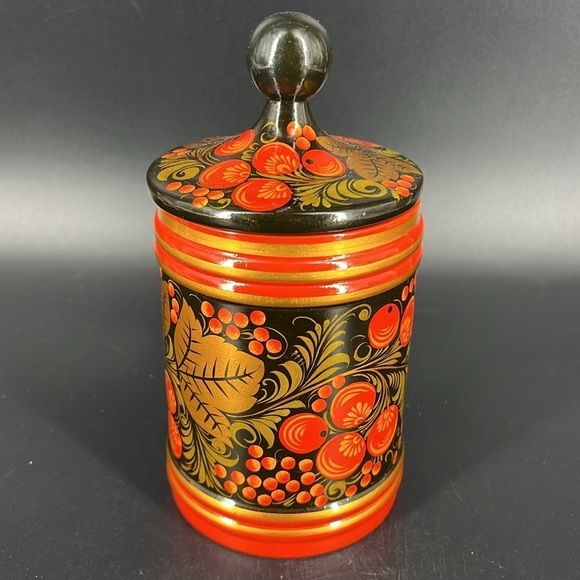 Russian Folk Art Painted Wood Lidded Canister - Picture 2 of 11
